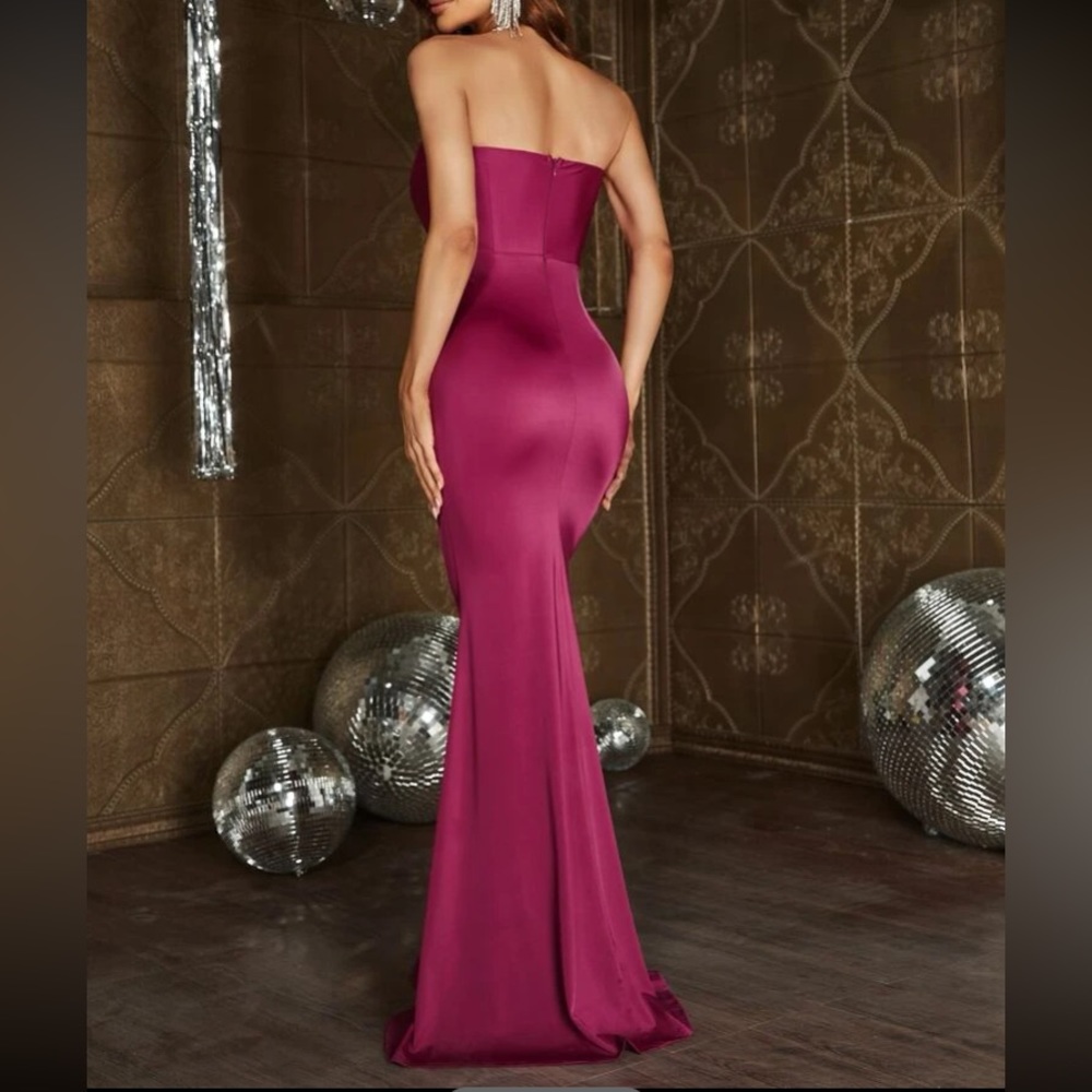 Luxe rose red mermaid hem tube formal party satin dress - Picture 3 of 7